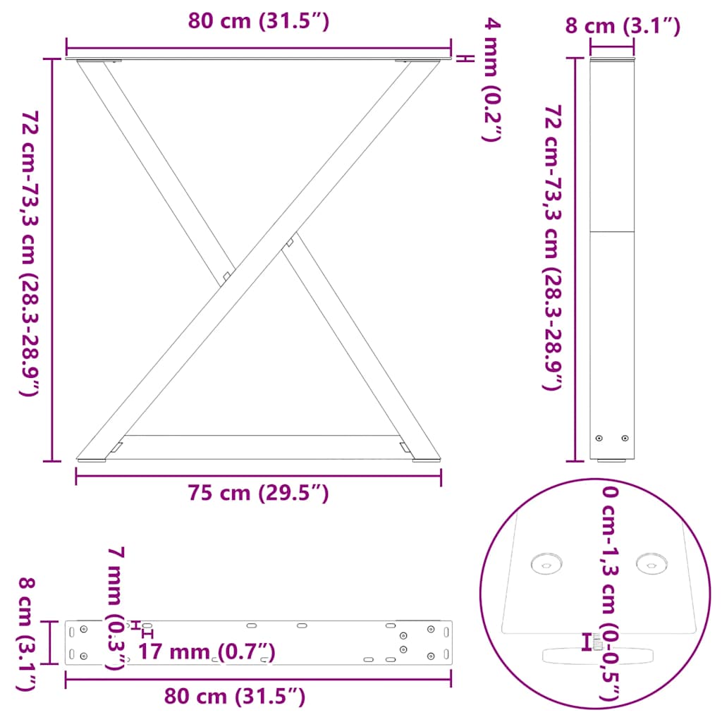 Dining table legs 2 pcs black 80x(72-73.3) cm steel