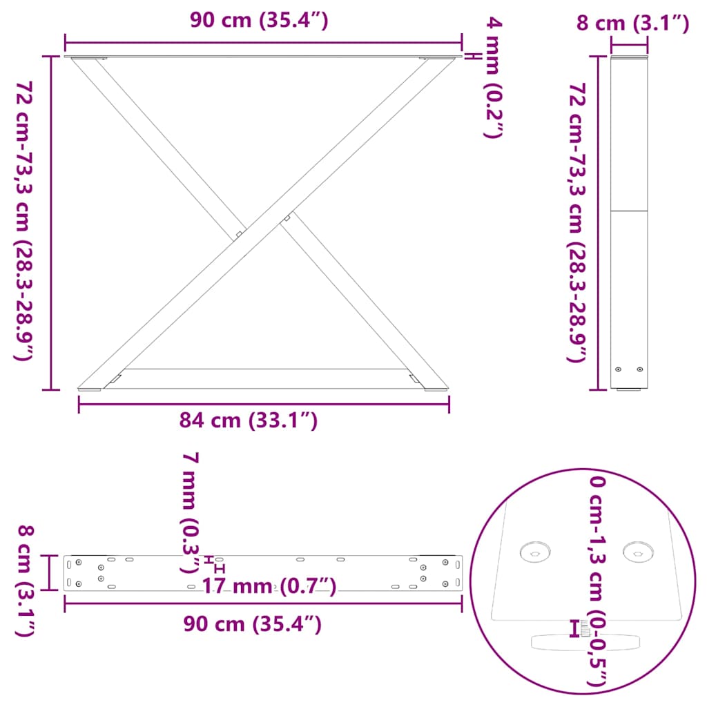 Dining table legs 2 pcs white 90x(72-73.3) cm steel