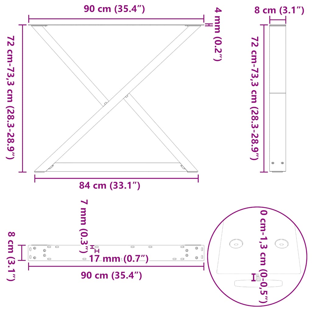 Dining table legs 2pcs natural steel 90x(72-73.3)cm steel