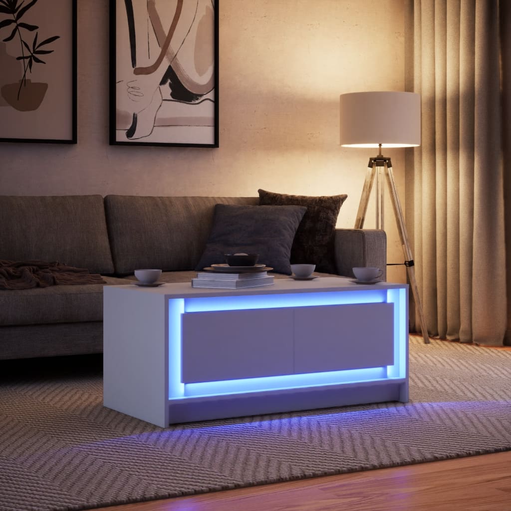 Table basse avec lumières LED blanc bois d'ingénierie