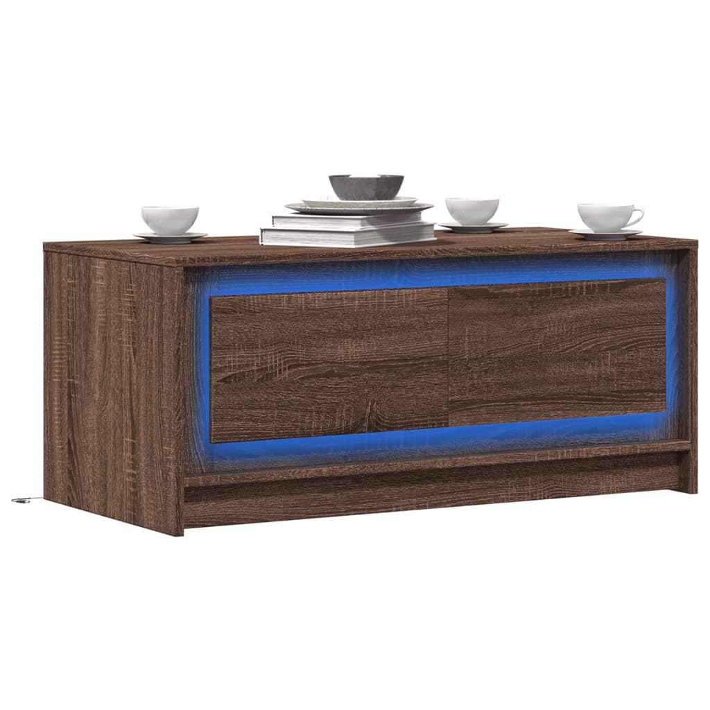 Table basse avec lumières LED chêne marron bois d'ingénierie