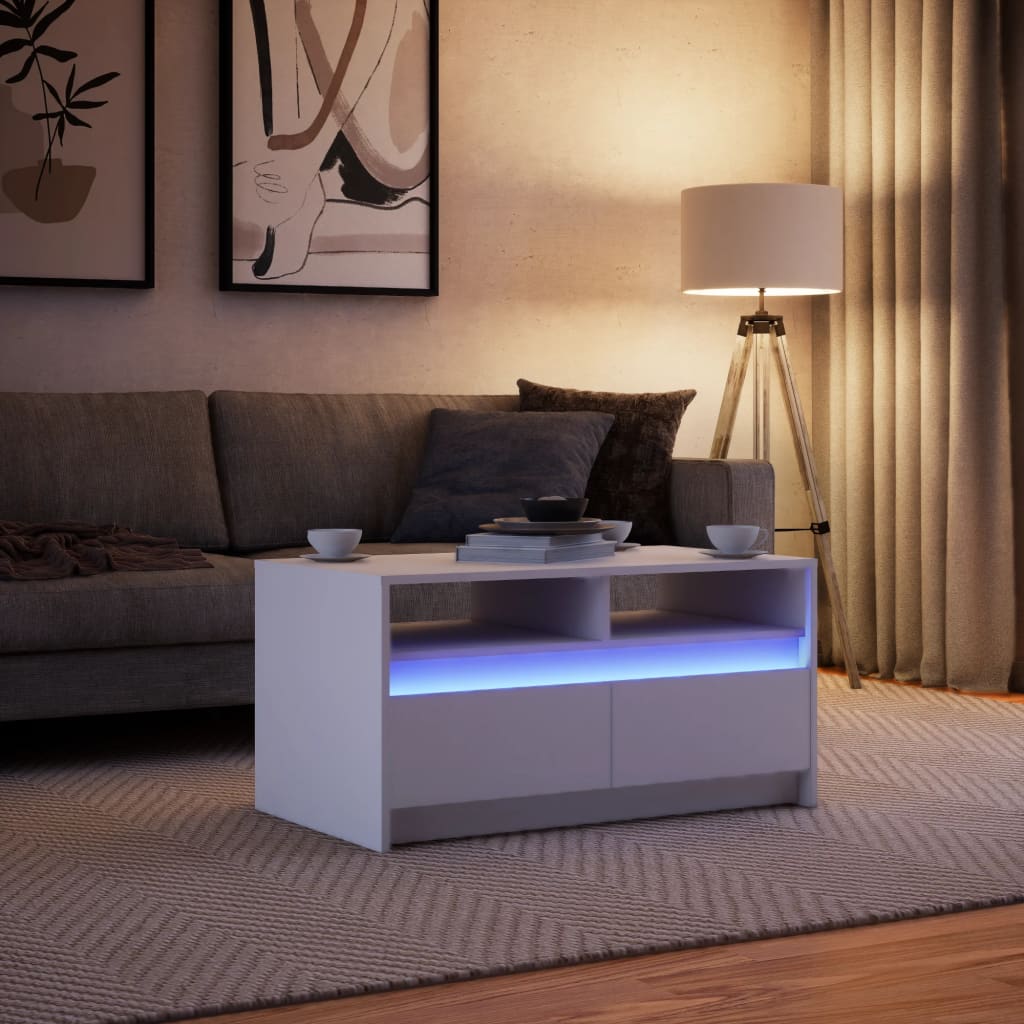 Table basse avec lumières LED blanc bois d'ingénierie