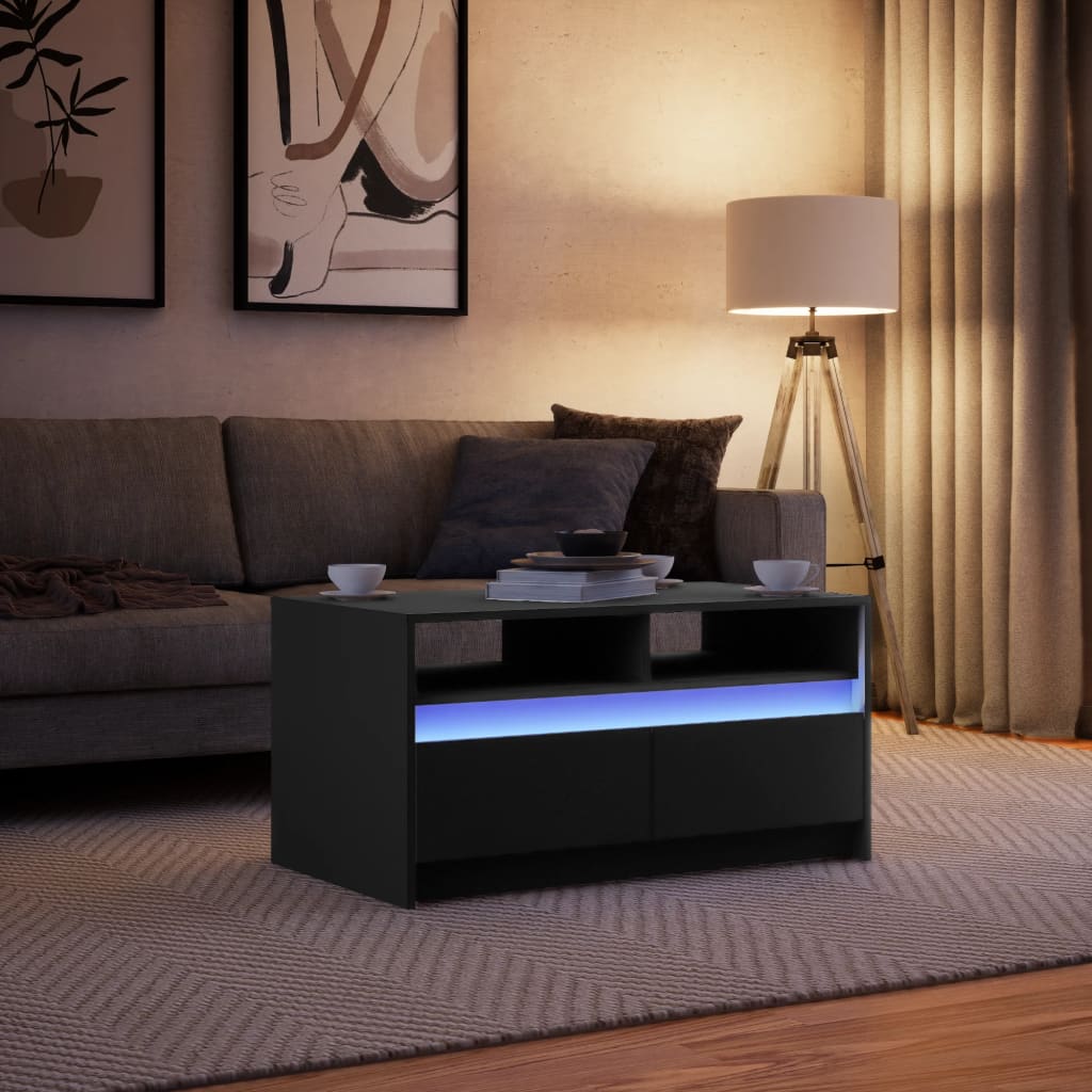 Table basse avec lumières LED noir bois d'ingénierie