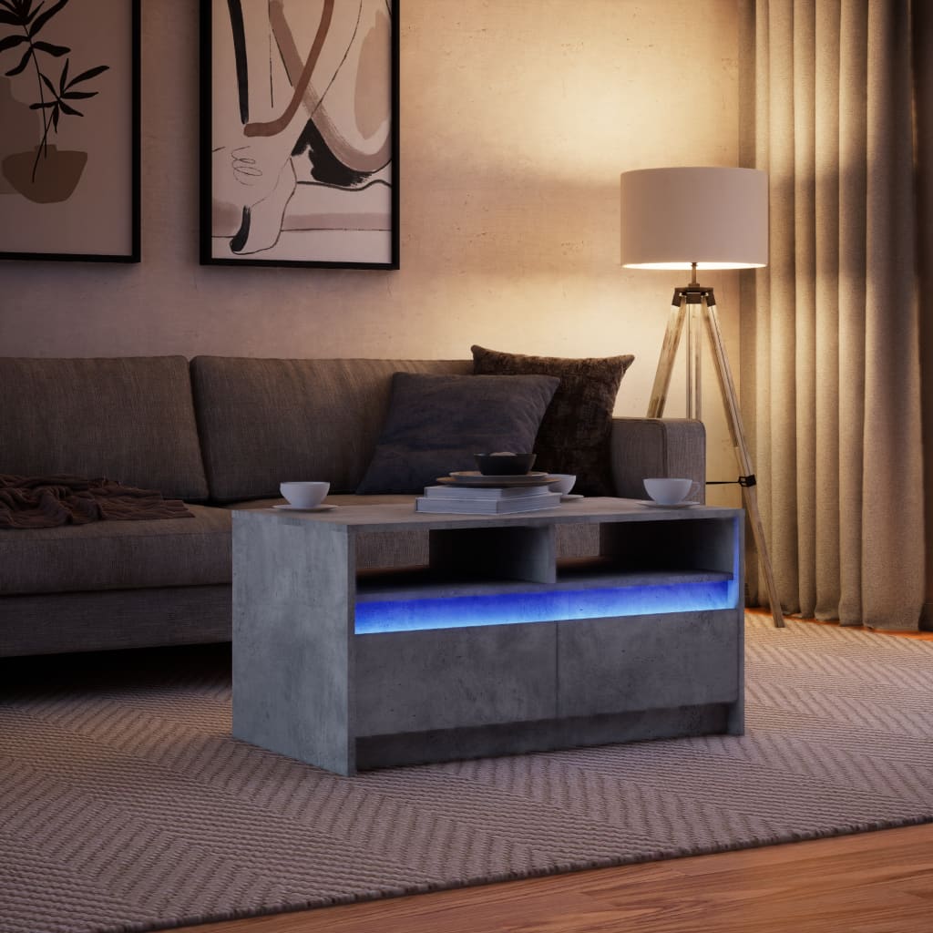 Table basse avec lumières LED gris béton bois d'ingénierie