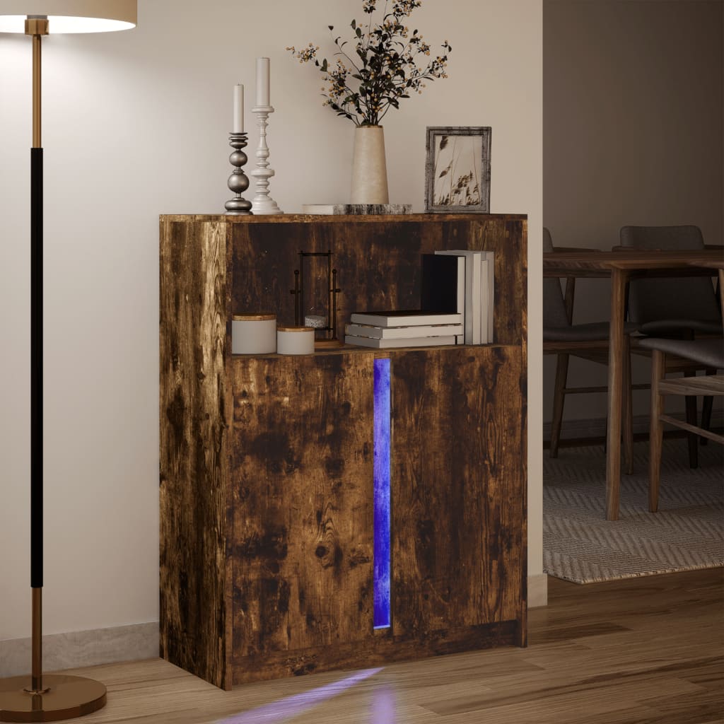 Buffet avec LED chêne fumé 77x34x100 cm bois d'ingénierie