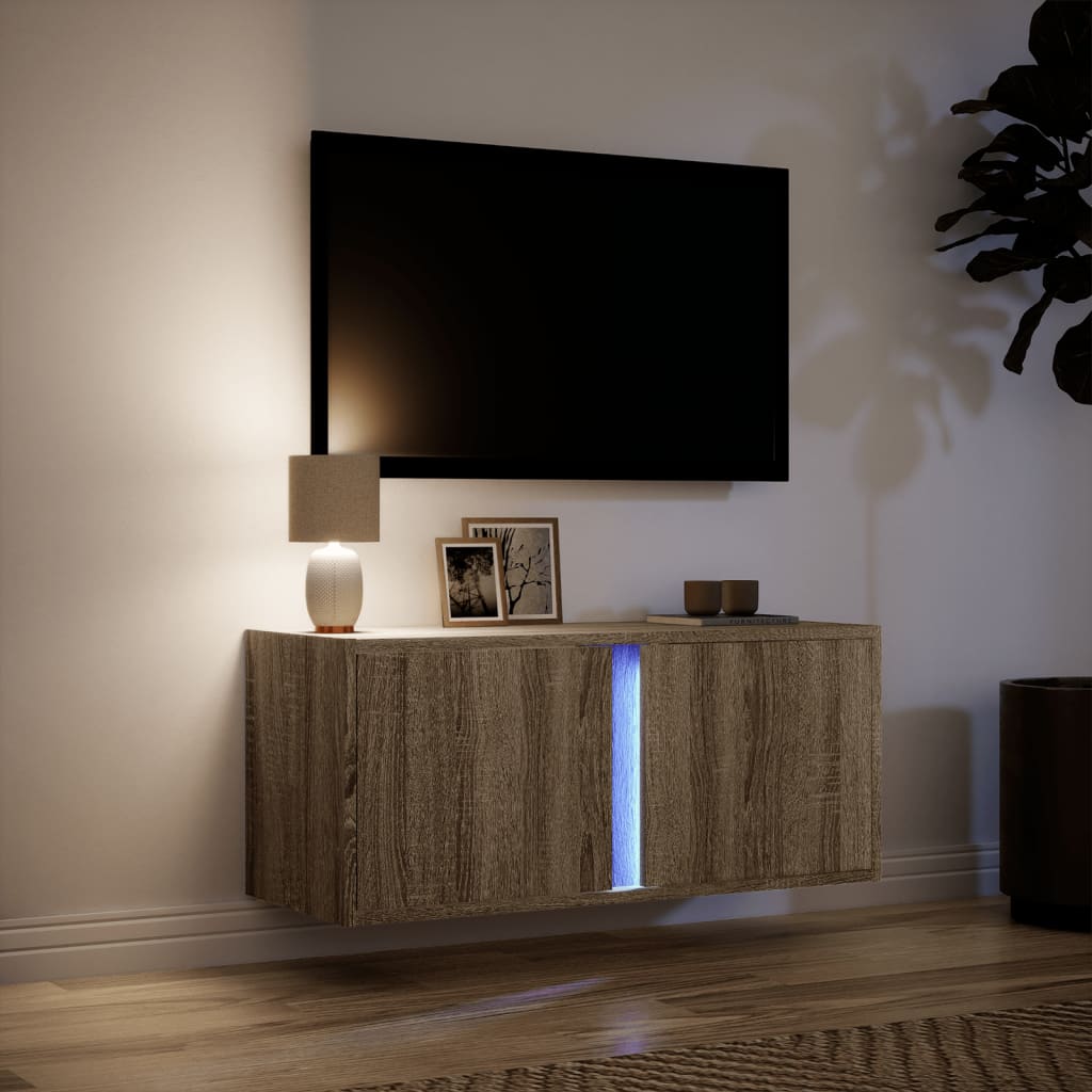 Meuble TV mural avec lumières LED chêne sonoma 80x31x35 cm