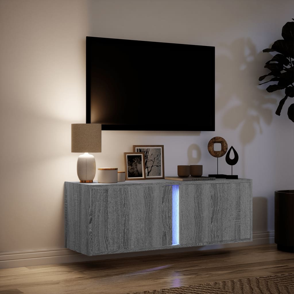 Meuble TV mural avec lumières LED sonoma gris 100x31x35 cm