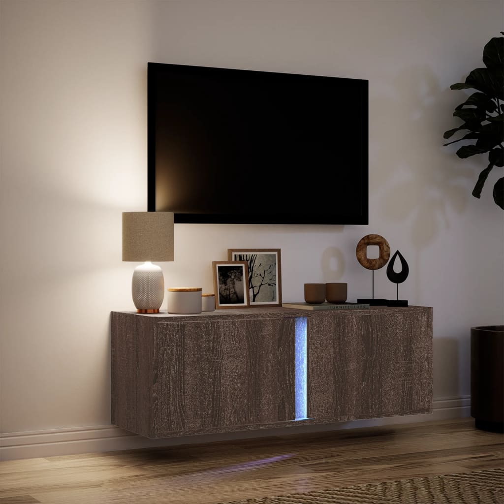 Wall mounted TV cabinet with LED lights brown oak 100x31x35 cm