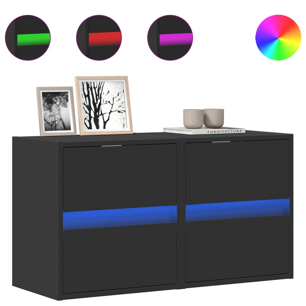 Meubles TV muraux avec lumières LED 2 pcs noir 41x31x45 cm