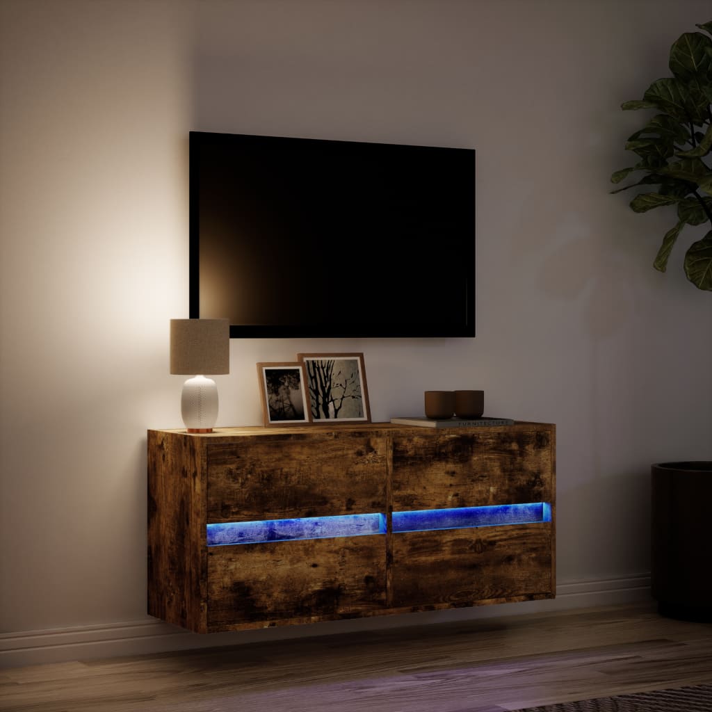 Meuble TV mural avec lumières LED chêne fumé 100x31x45 cm