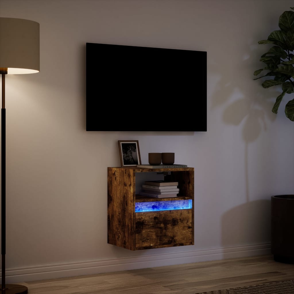 Meuble TV mural avec lumières LED chêne fumé 41x31x45 cm