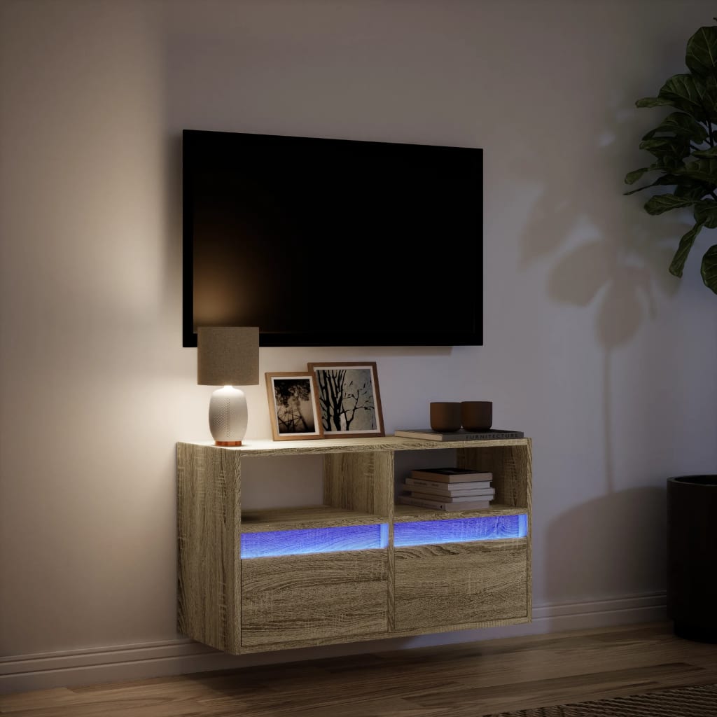 Meuble TV mural avec lumières LED chêne sonoma 80x31x45 cm