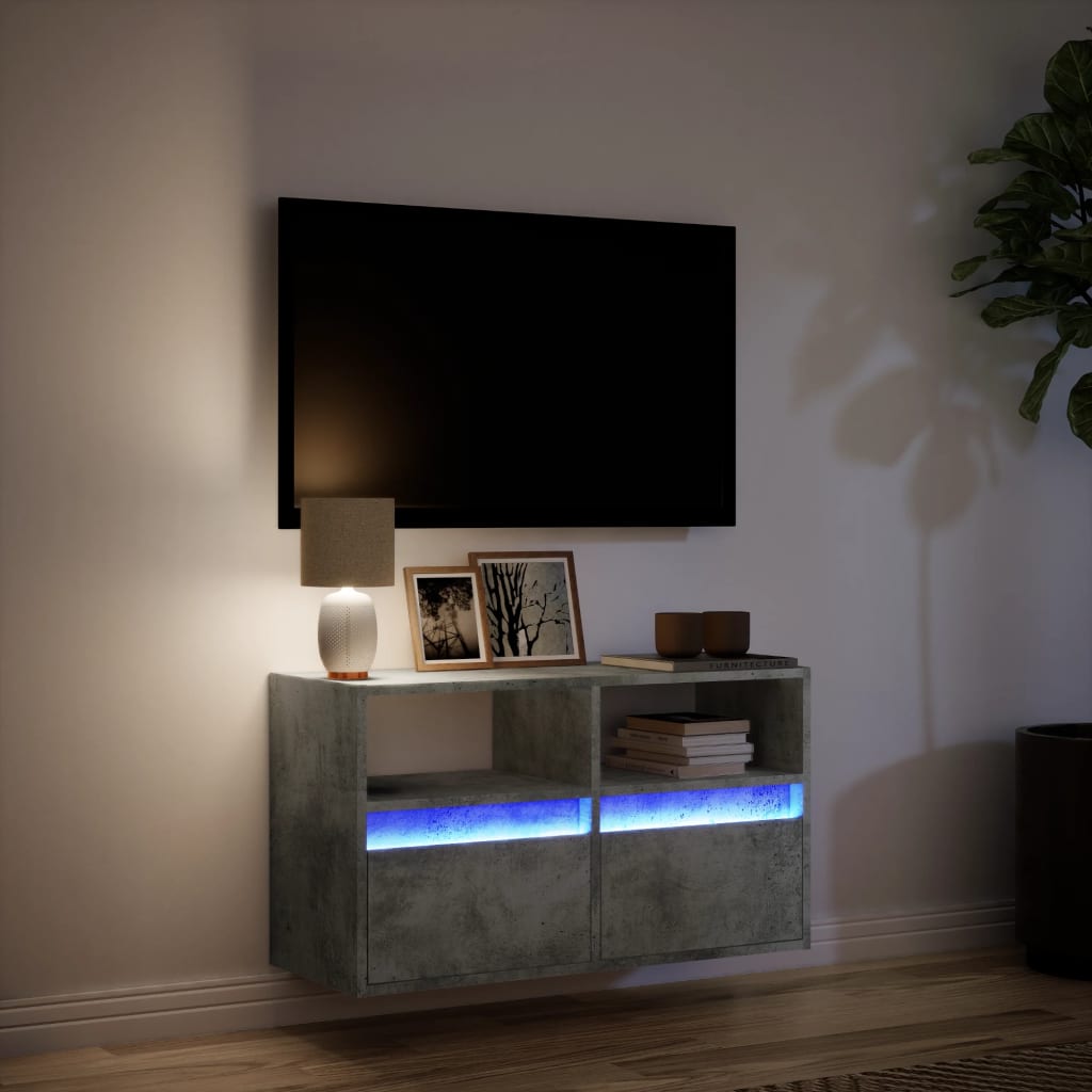 Meuble TV mural avec lumières LED gris béton 80x31x45 cm