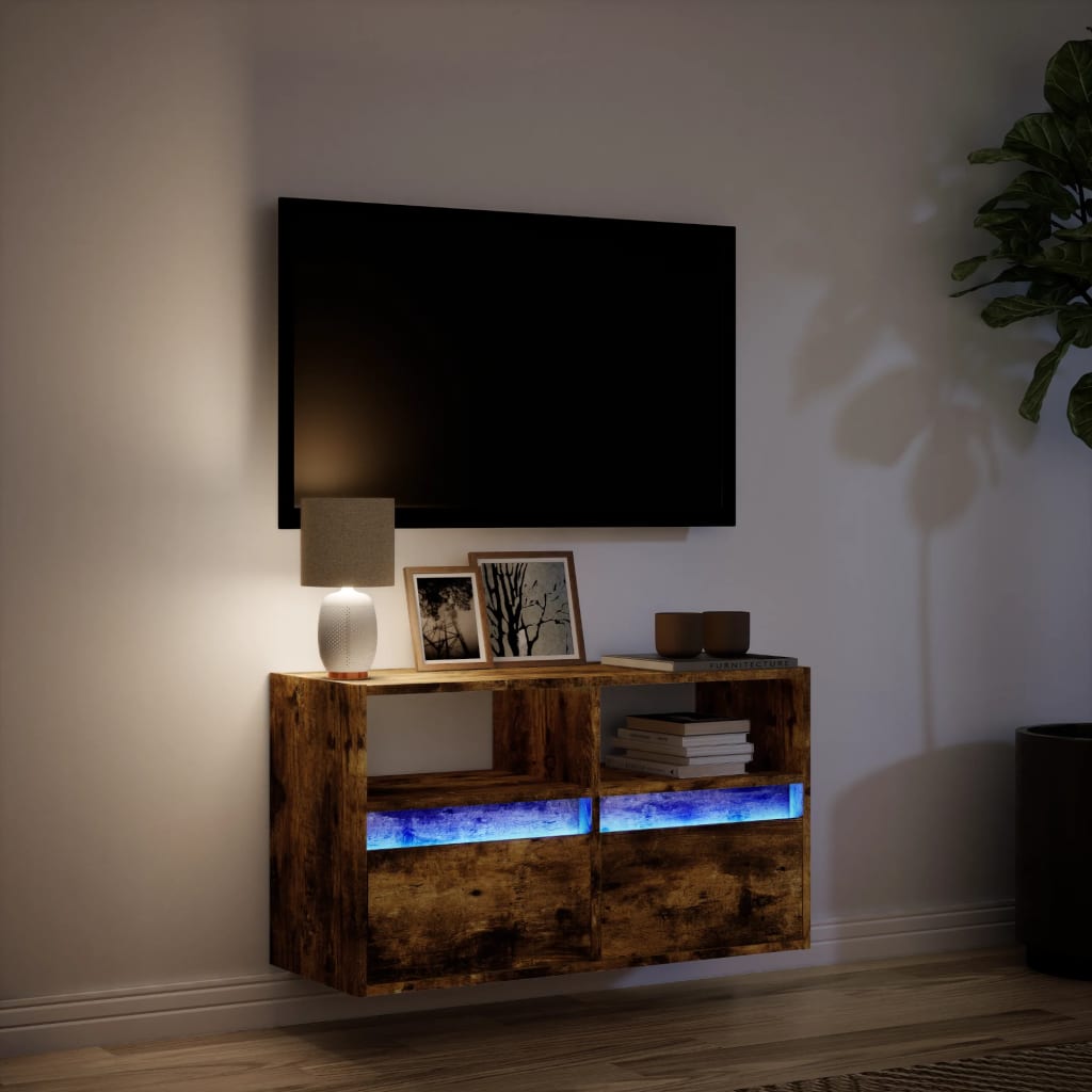 Meuble TV mural avec lumières LED chêne fumé 80x31x45 cm