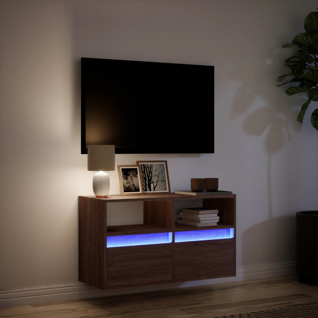 Meuble TV mural avec lumières LED chêne marron 80x31x45 cm