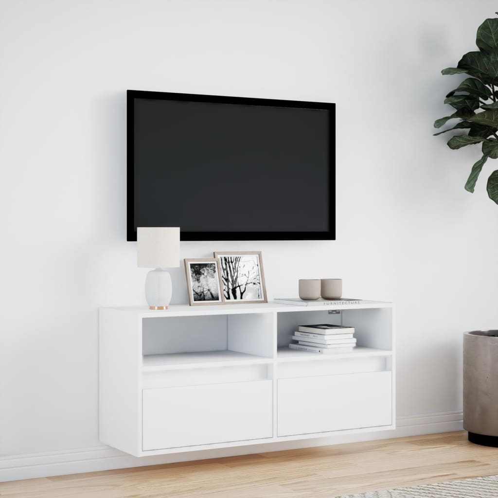 Wall mounted TV cabinet with LED lights white 100x31x45 cm