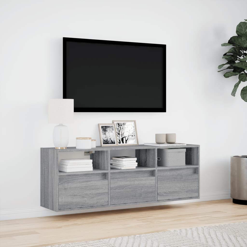 Wall mounted TV cabinet with LED lights sonoma gray 130x31x45 cm