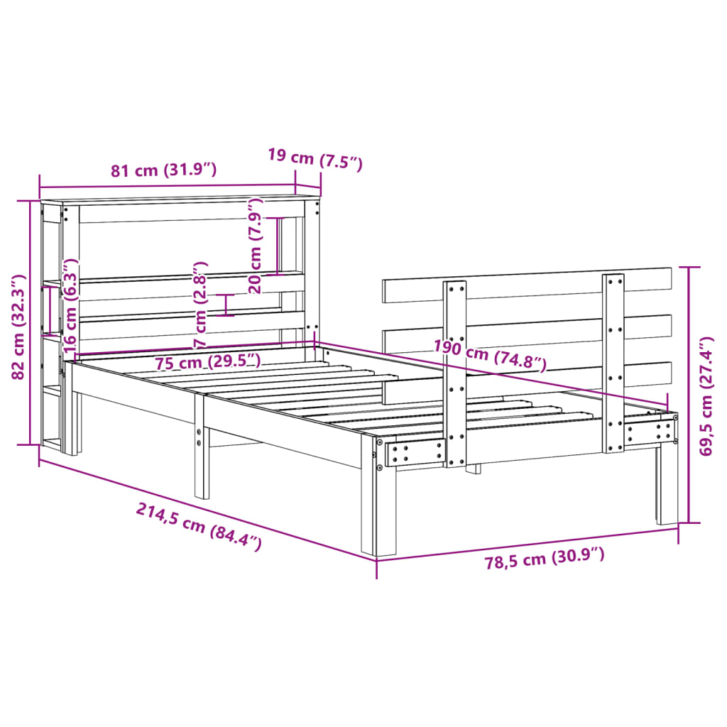 Cadre de lit avec tête de lit sans matelas cire marron 75x190cm