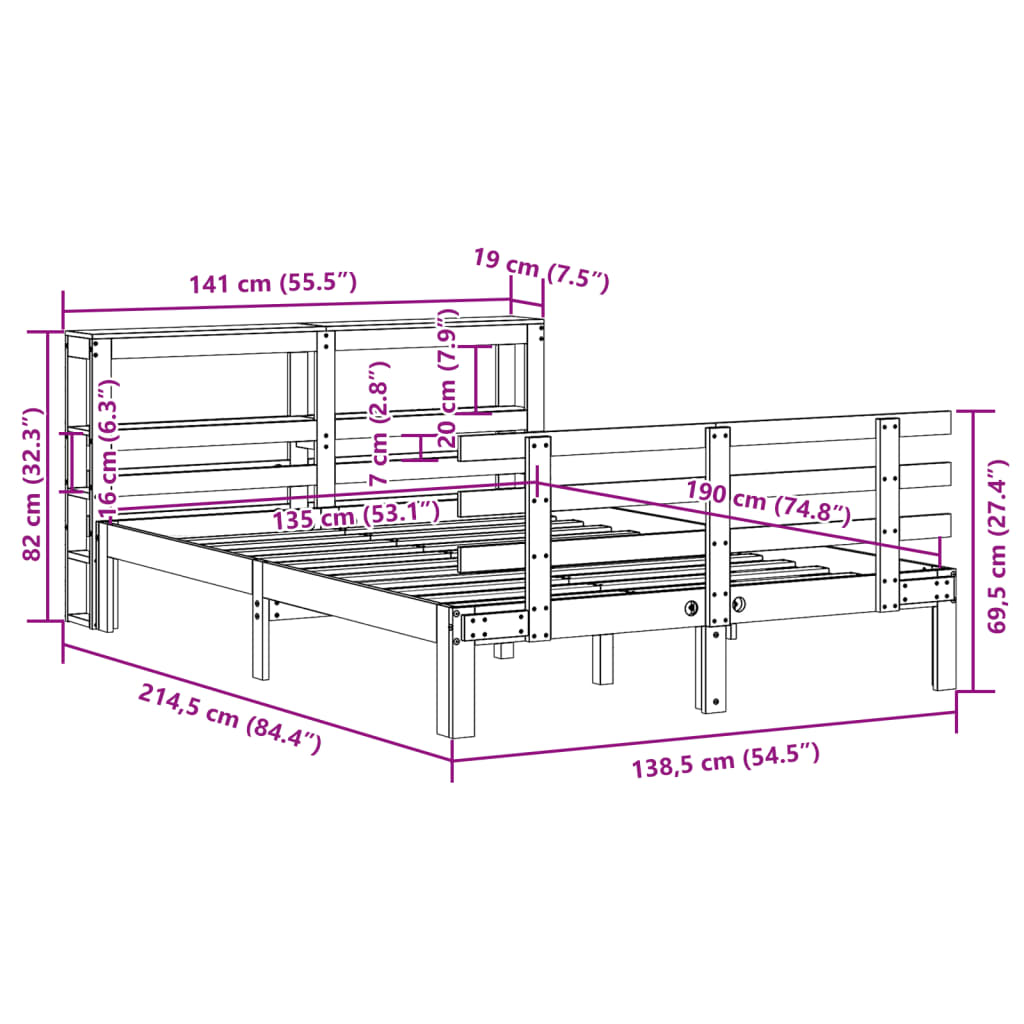 Cadre de lit et tête de lit sans matelas cire marron 135x190 cm