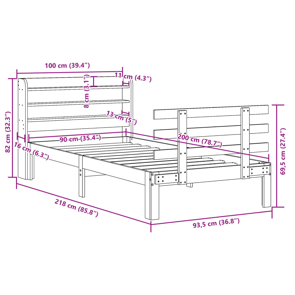 Cadre de lit avec tête de lit sans matelas 90x200 cm