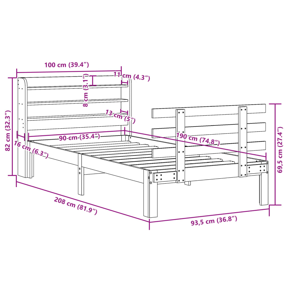 Cadre de lit avec tête de lit sans matelas cire marron 90x190cm