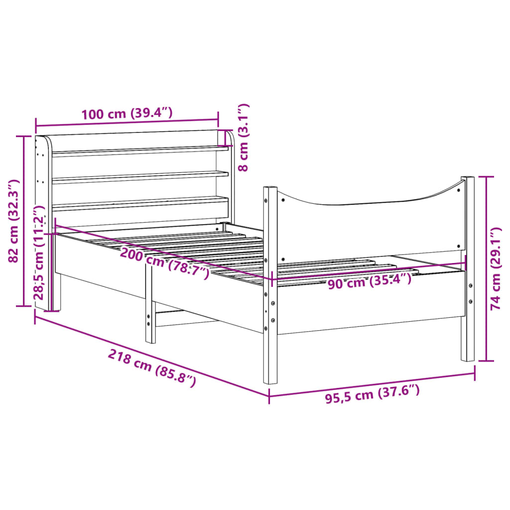 Bettgestell mit Kopfteil 90x200 cm aus massivem Kiefernholz