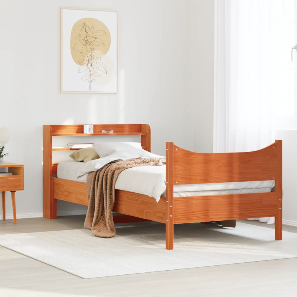 Bed frame with brown wax headboard 75x190 cm pine wood