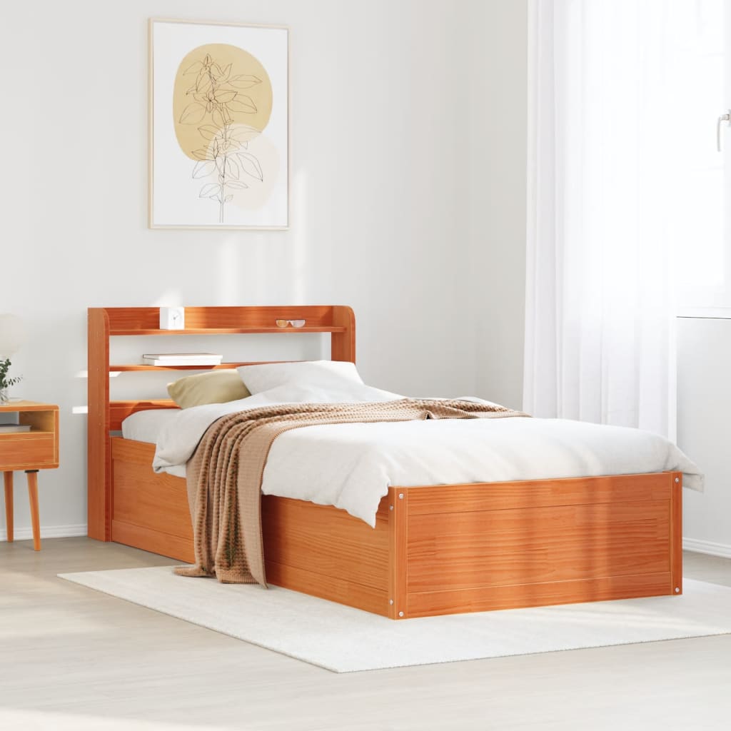 Bed frame with brown wax headboard 90x190 cm pine wood