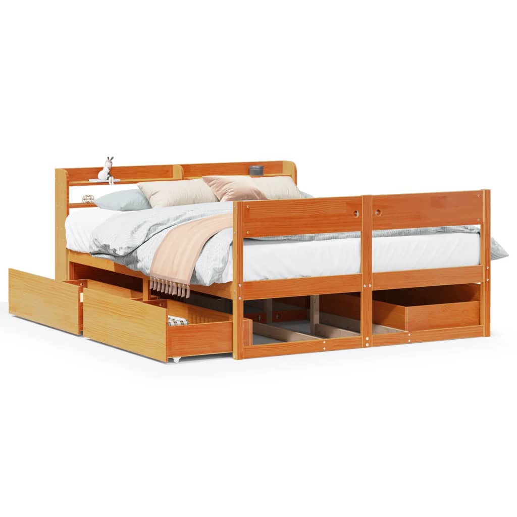 Cadre de lit sans matelas cire marron 135x190cm bois pin massif