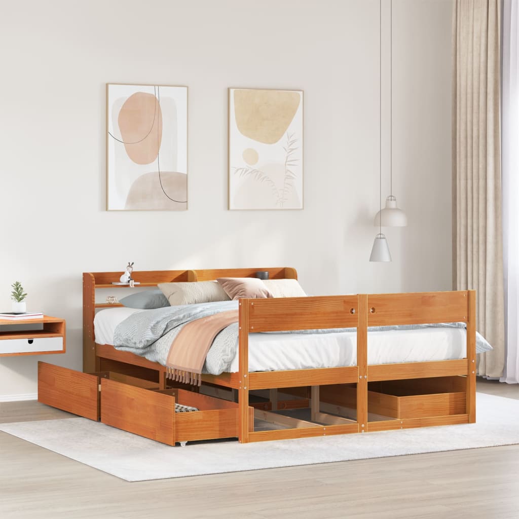 Cadre de lit sans matelas cire marron 135x190cm bois pin massif