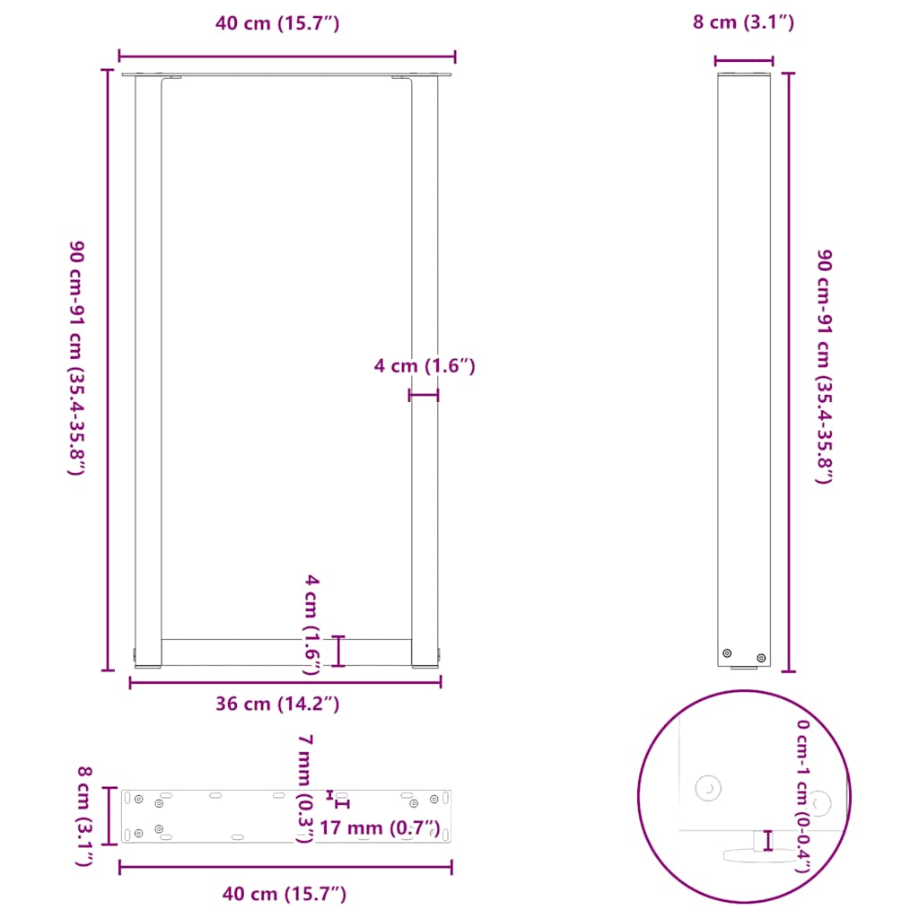 Pieds de table basse forme de U 2 pcs blanc 40x(90-91) cm acier