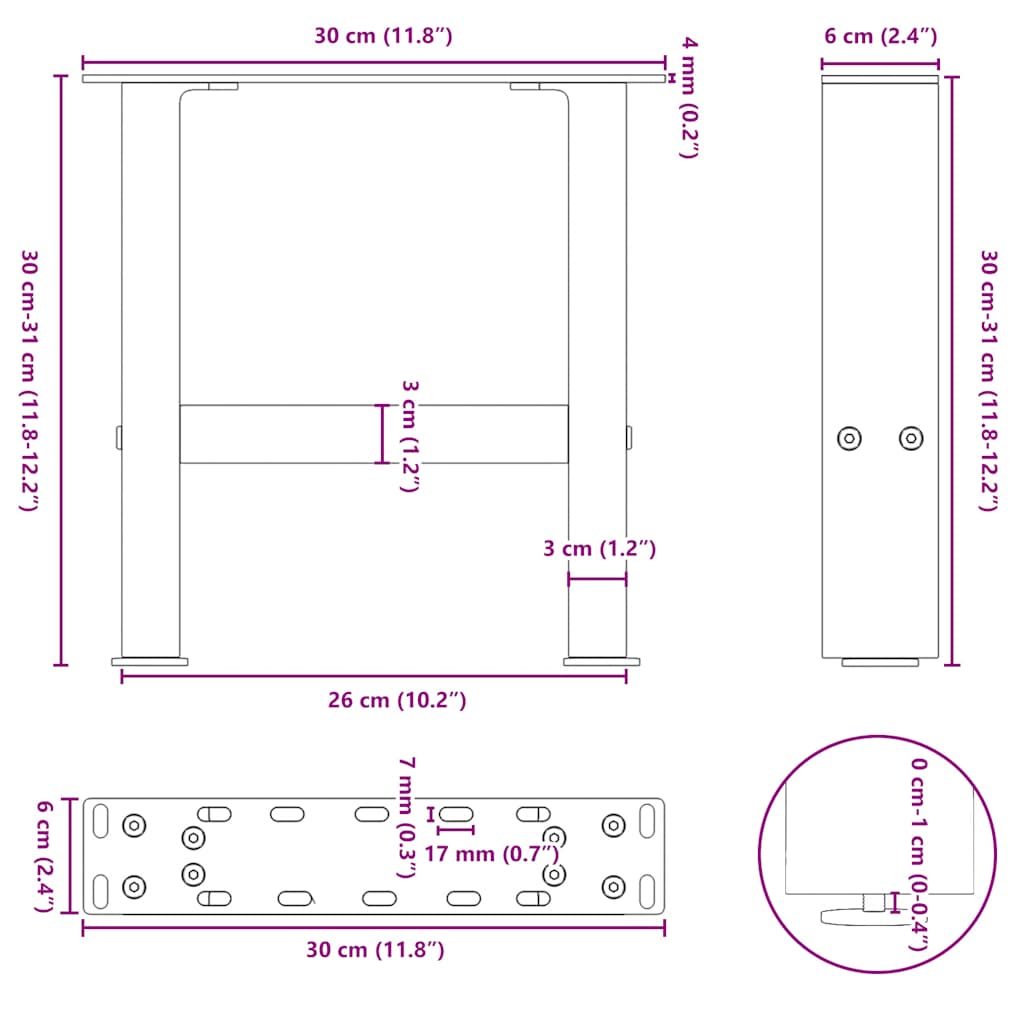 Pieds de table basse blanc 2 pcs 30×30 cm acier