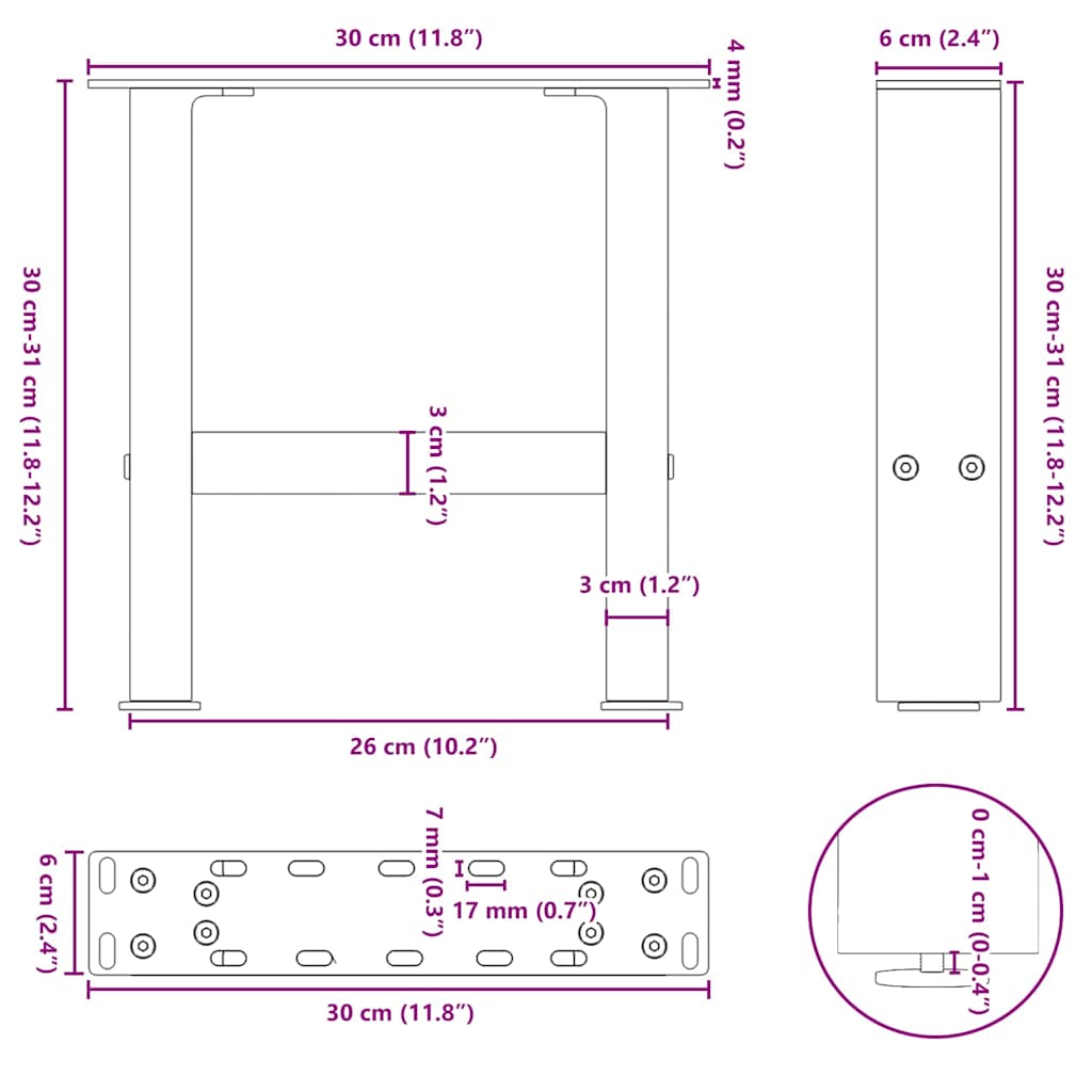 Pieds de table basse anthracite 2 pcs 30×30 cm acier