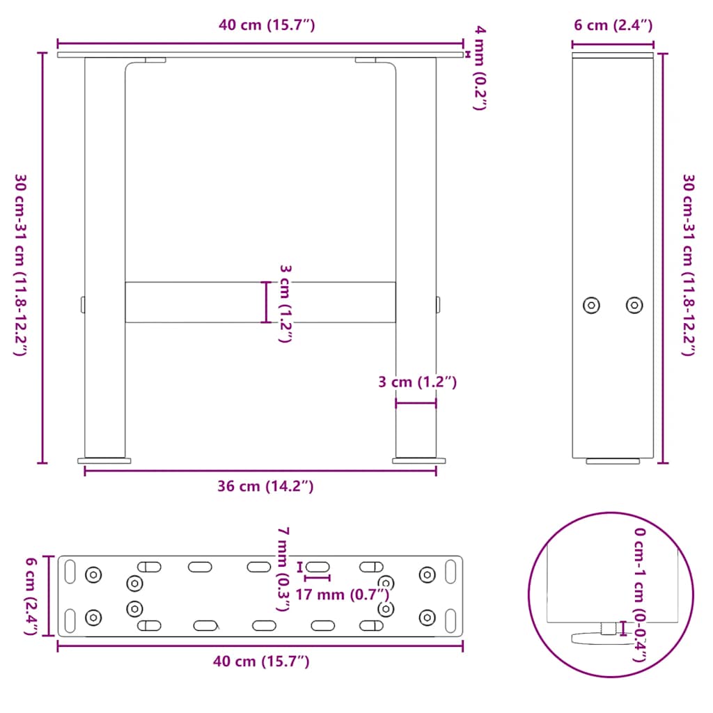 Pieds de table basse noir 2 pcs 30×40 cm acier