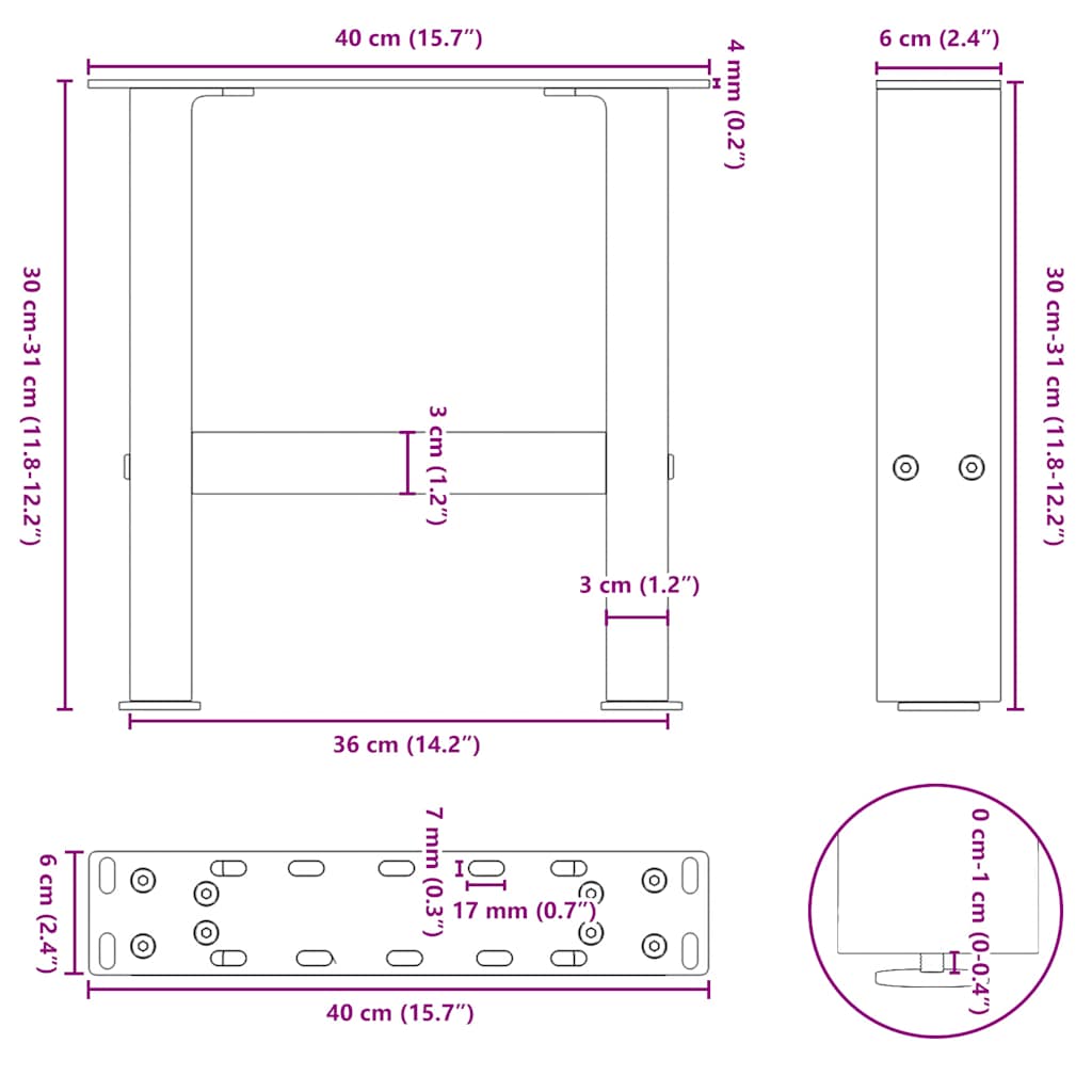 Pieds de table basse blanc 2 pcs 40x(30-31) cm acier