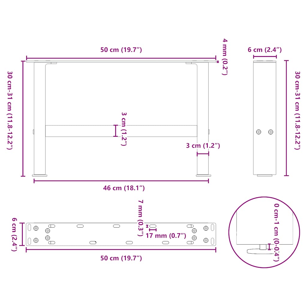 Pieds de table basse noir 2 pcs 30×50 cm acier