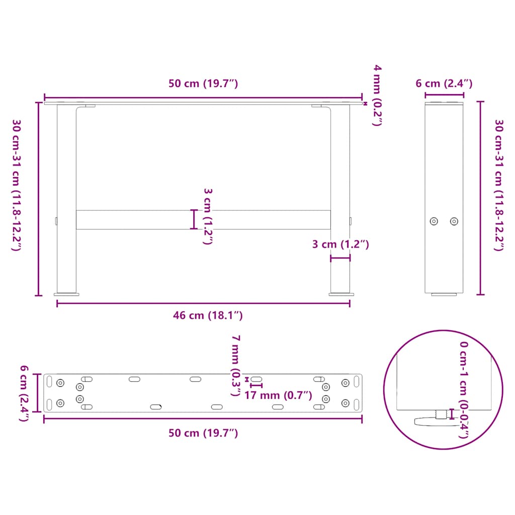 Pieds de table basse blanc 2 pcs 30×50 cm acier