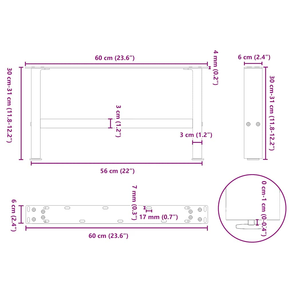 Pieds de table basse noir 2 pcs 30×60 cm acier