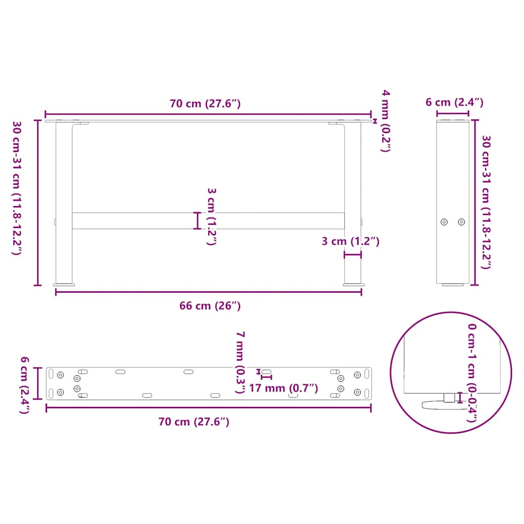 Pieds de table basse noir 2 pcs 30×70 cm acier