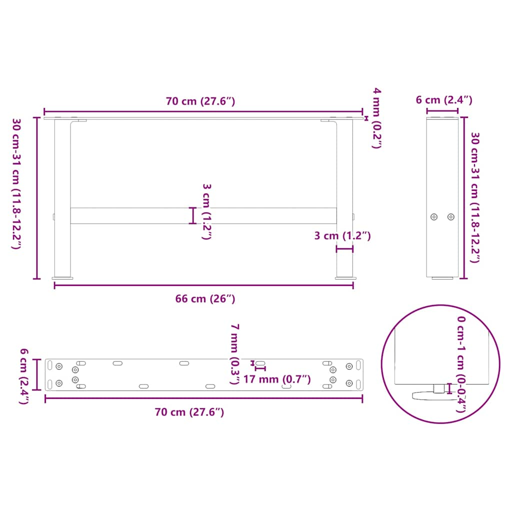 Pieds de table basse blanc 2 pcs 30×70 cm acier