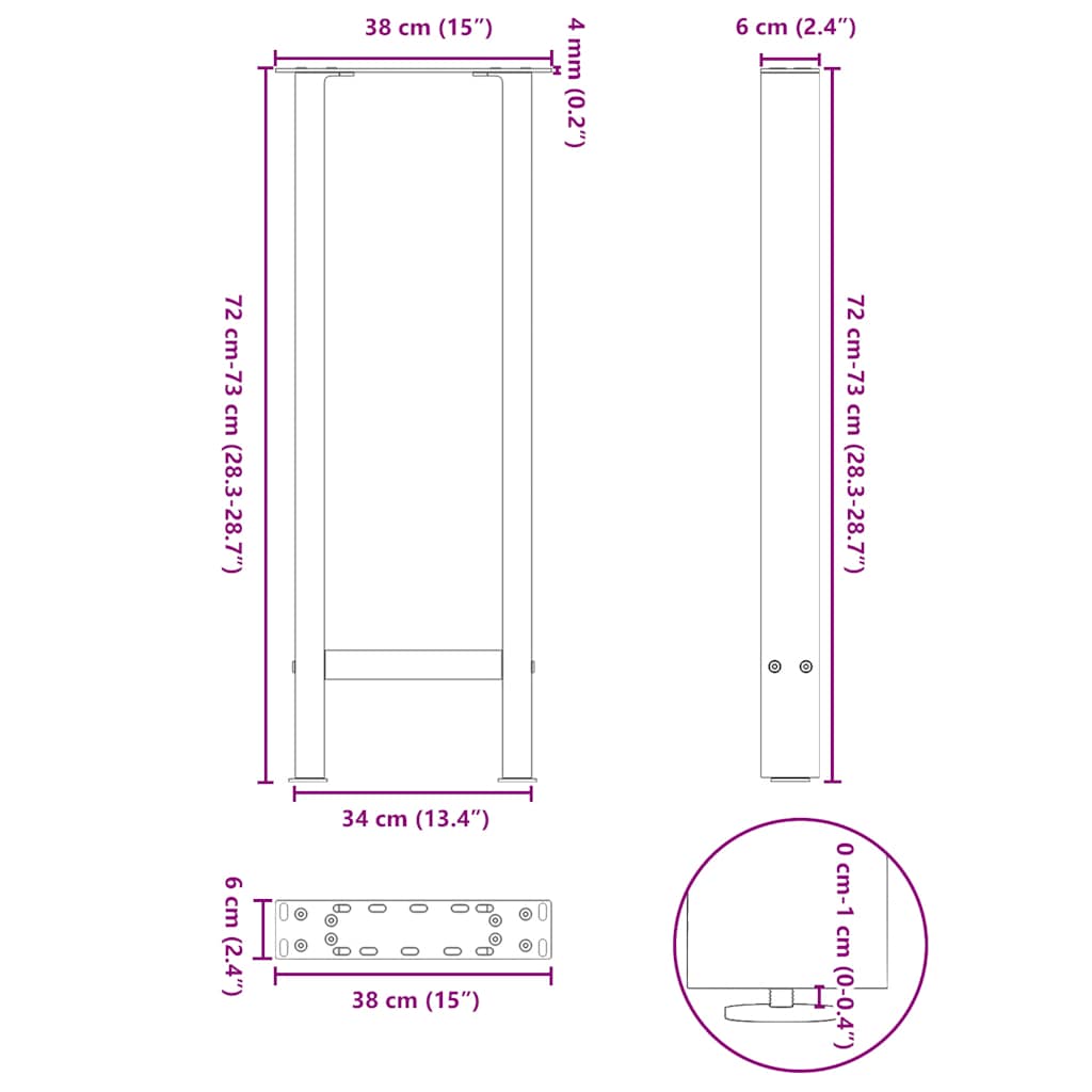 Pieds de table basse noir 2 pcs 38x(72-73) cm acier