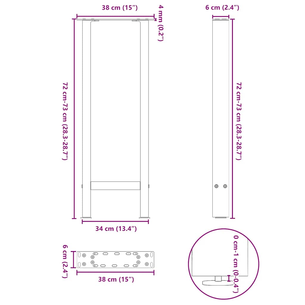 Pieds de table basse anthracite 2 pcs 38x(72-73) cm acier