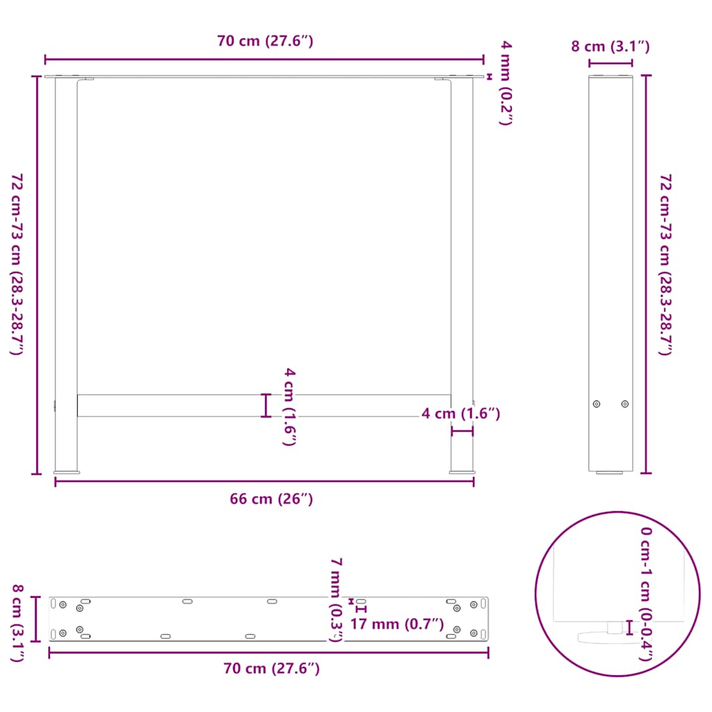 Pieds de table basse noir 2 pcs 70x(72-73) cm acier