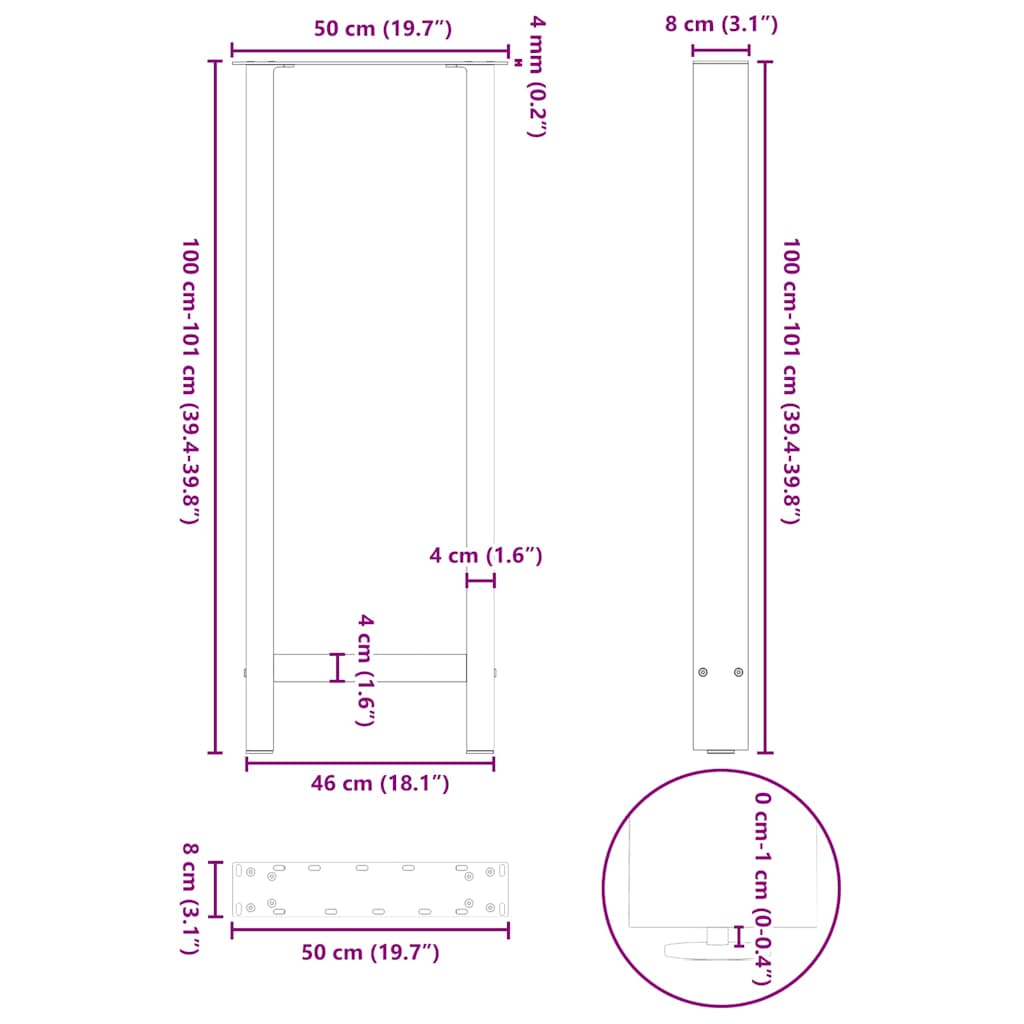 Schwarze Couchtischbeine 2 Stück 50x(100-101) cm Stahl