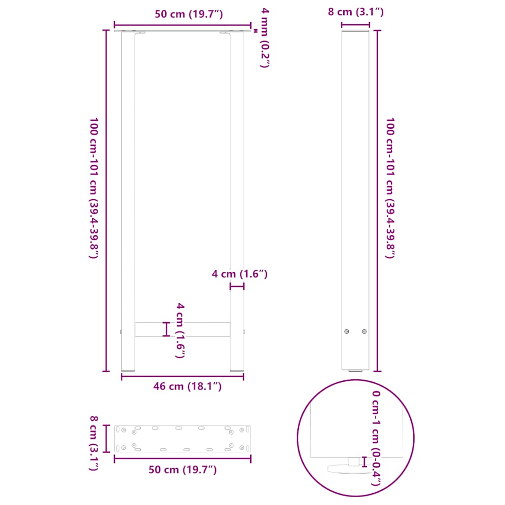 Pieds de table basse anthracite 2 pcs 50x(100-101) cm acier