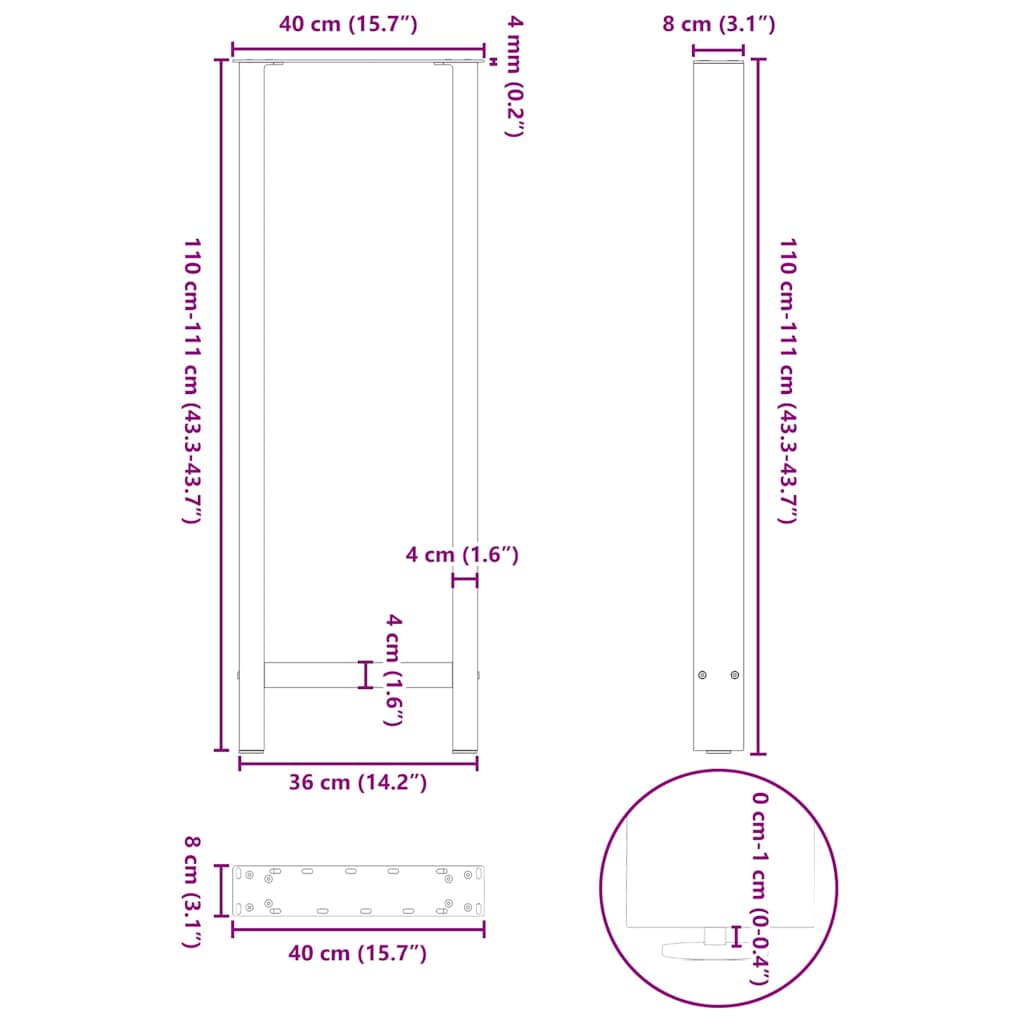 Pieds de table basse noir 2 pcs 40x(110-111) cm acier