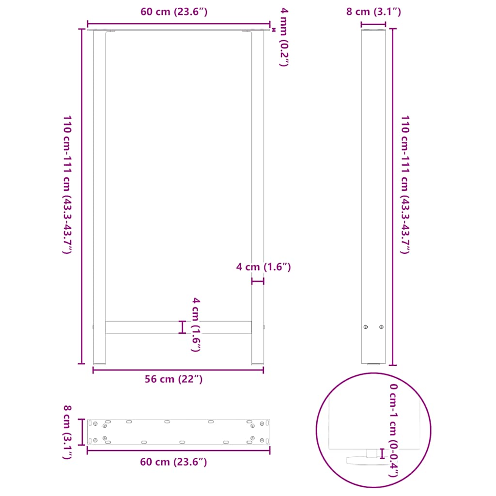 Pieds de table basse noir 2 pcs 60x(110-111) cm acier