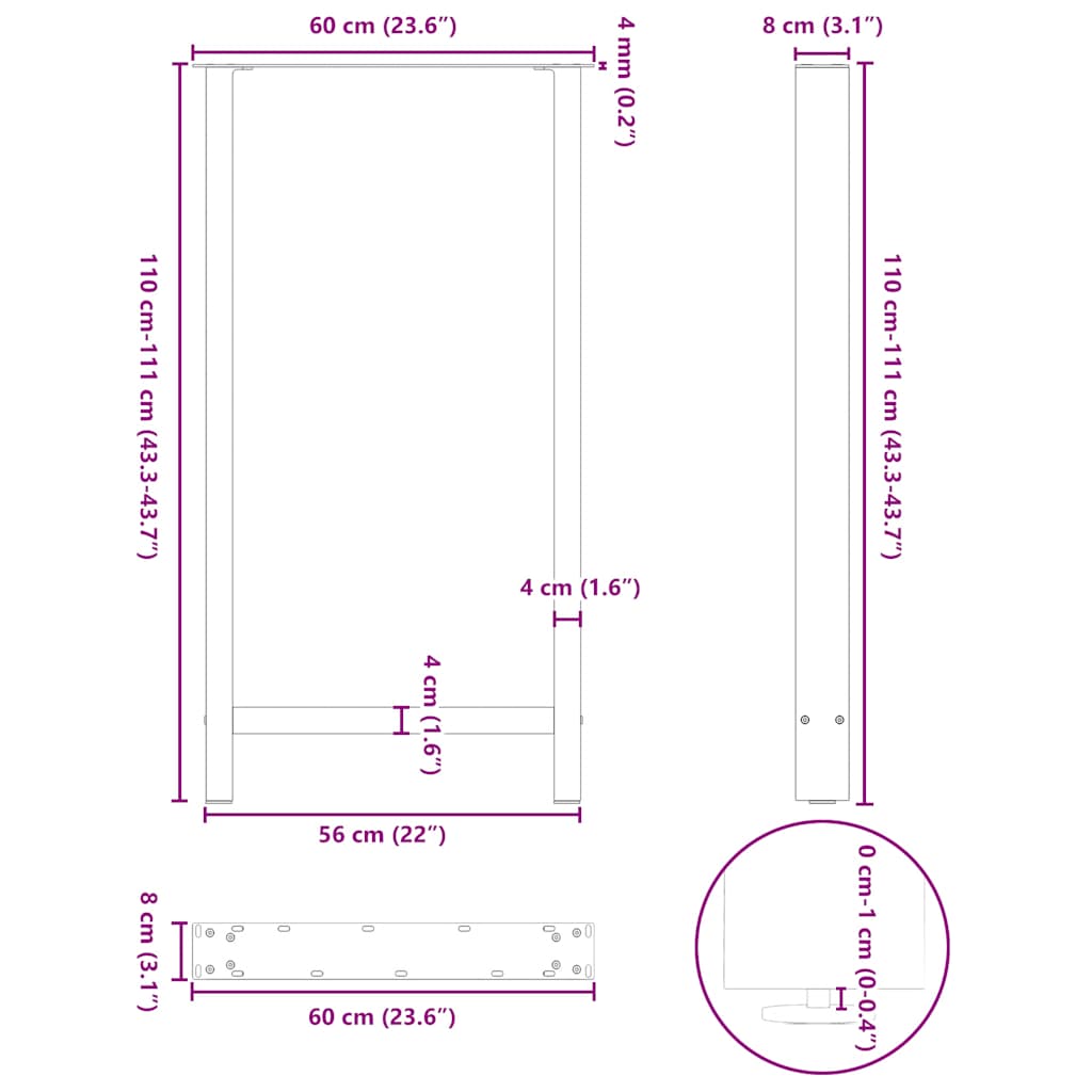 Weiße Couchtischbeine 2 Stück 60x(110-111) cm Stahl