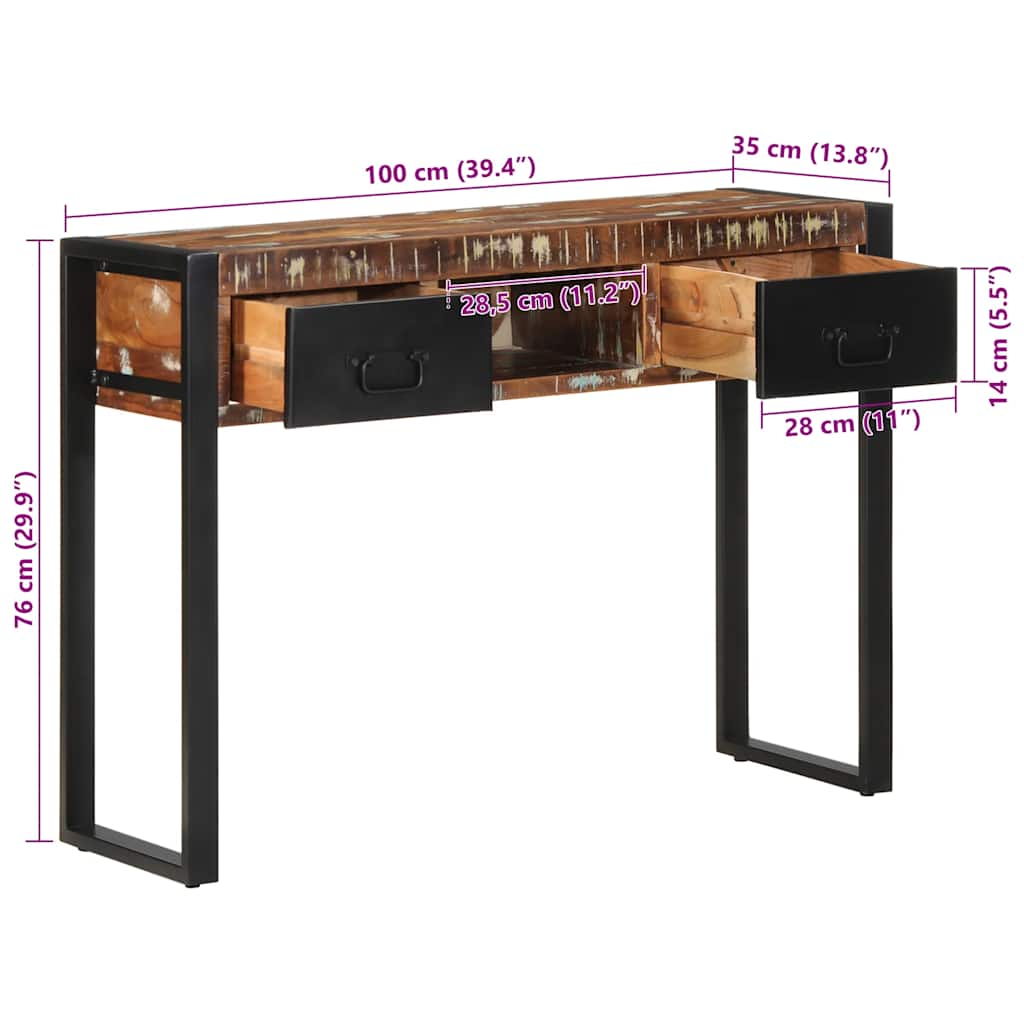 Table console multicolore 100x35x75 cm bois massif récupération