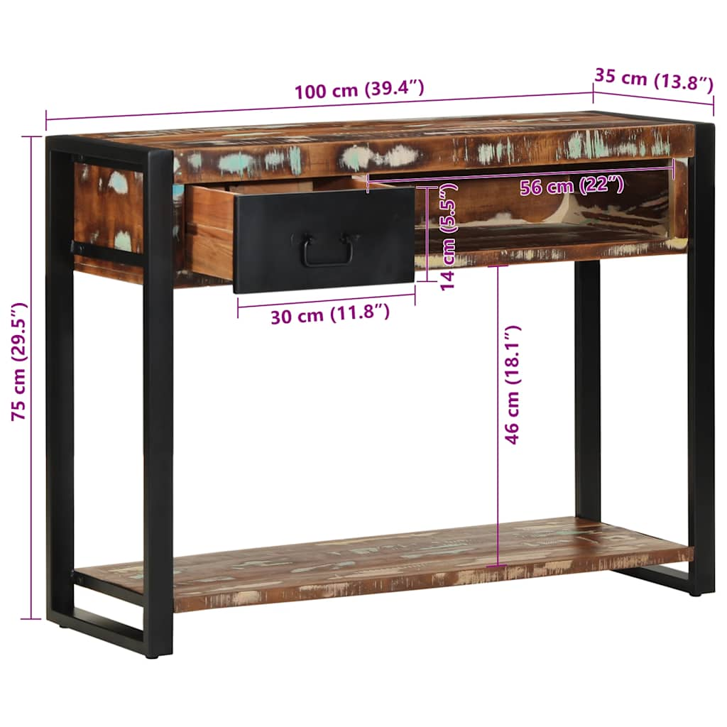 Table console multicolore 100x35x75 cm bois massif récupération